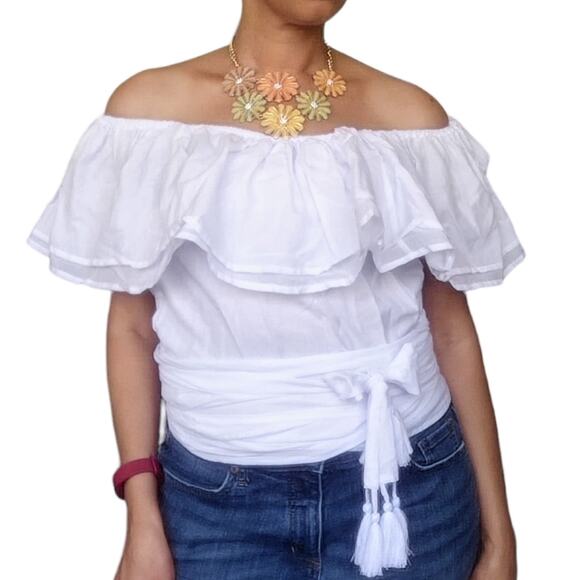 ERIKA PENA Rita Rumba Wrap Shirt ruffle tassel off shoulder top in white XS NEW - Picture 6 of 6